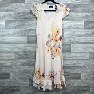 New York & Company A-Line Dress Women's 10 Cream Floral Ruffled Flutter Sleeve